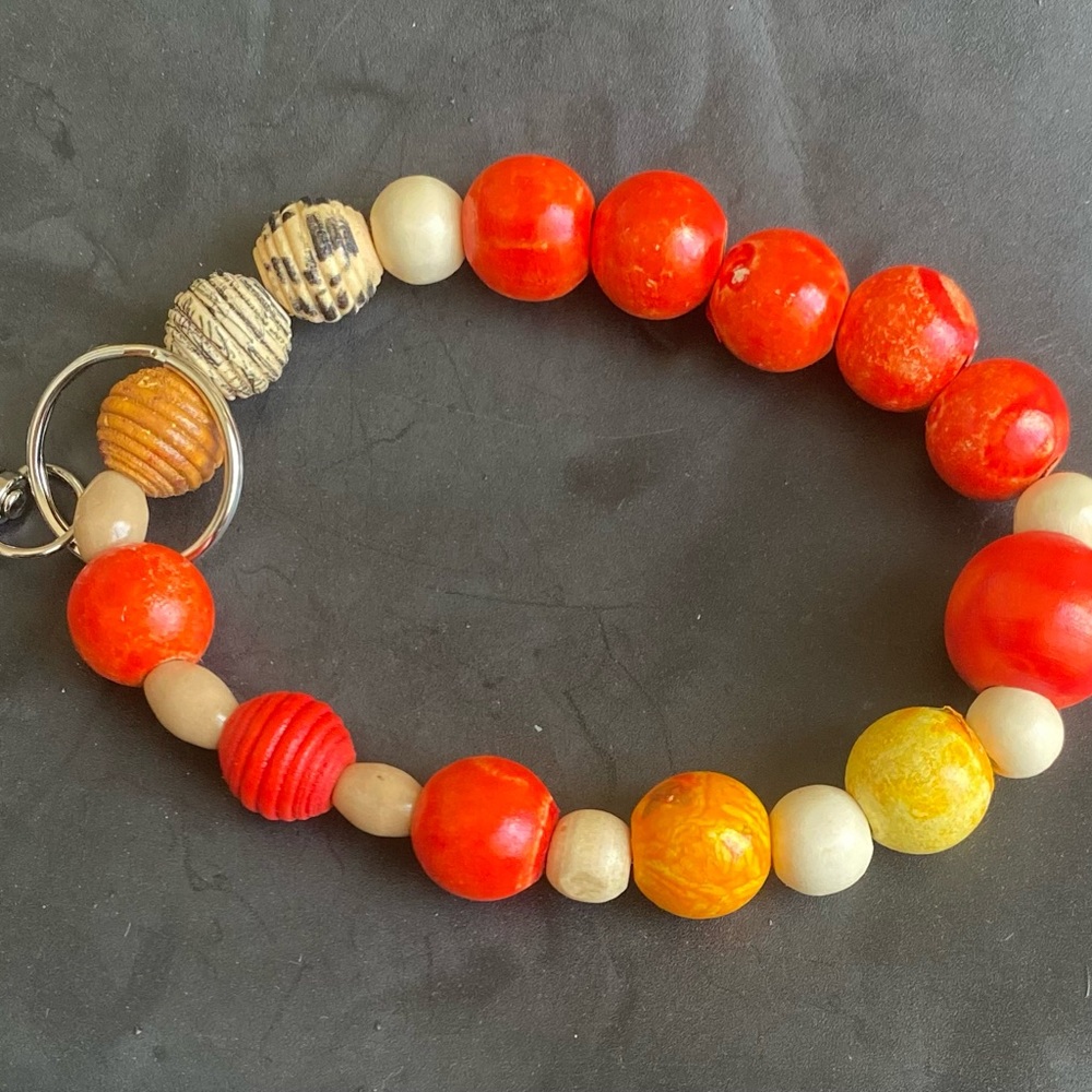 Key chain wristlet Wood bead hand painted